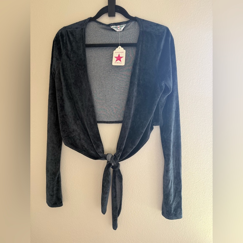 Hard Tail - SMALL- Steel Blue Velvet Tie-Front Blouse